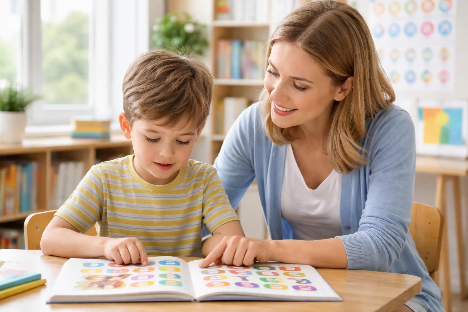 Un niño sentado en un escritorio con un libro de letras mientras una terapeuta del habla lo guía en un aula luminosa y acogedora.
