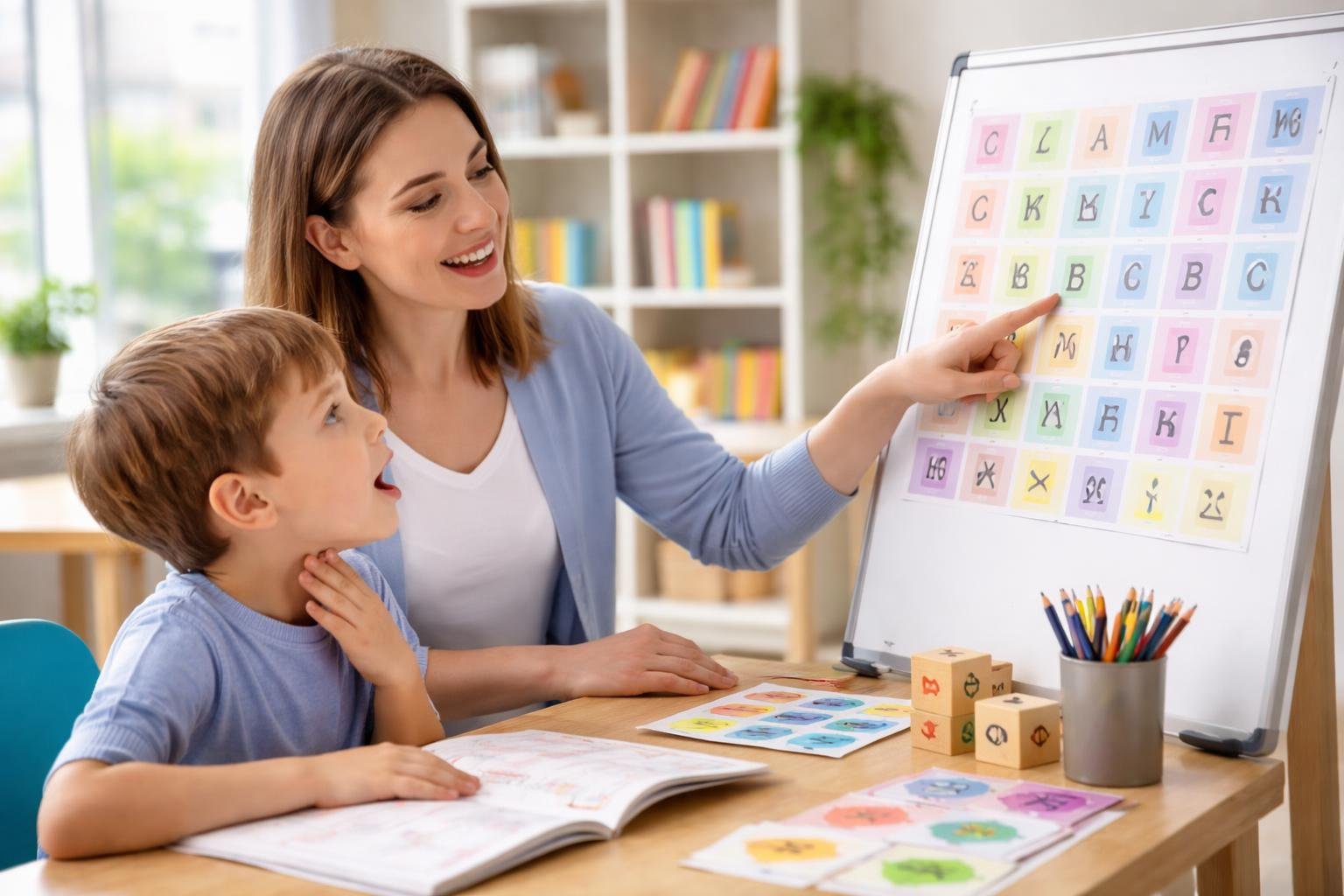 Niño en un aula con una terapeuta del habla practicando pronunciación, rodeados de materiales educativos.