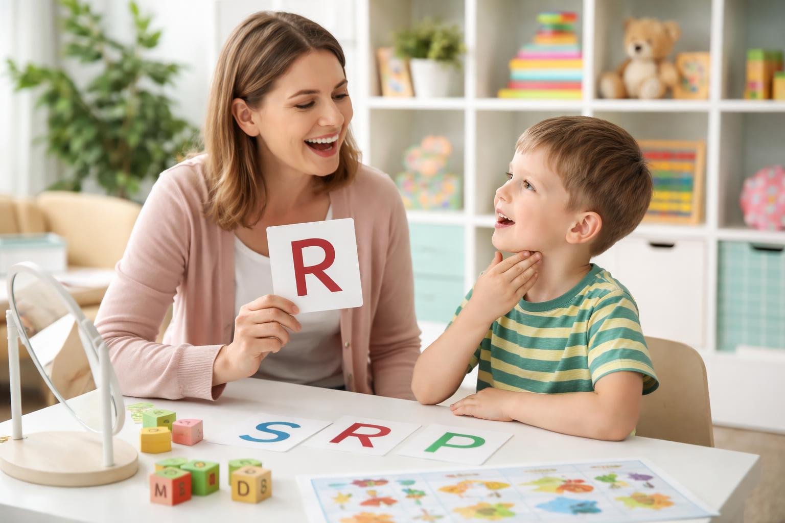 Un niño pequeño en una sesión de terapia del habla con una terapeuta, practicando la pronunciación de letras con materiales educativos en un ambiente luminoso y amigable.
