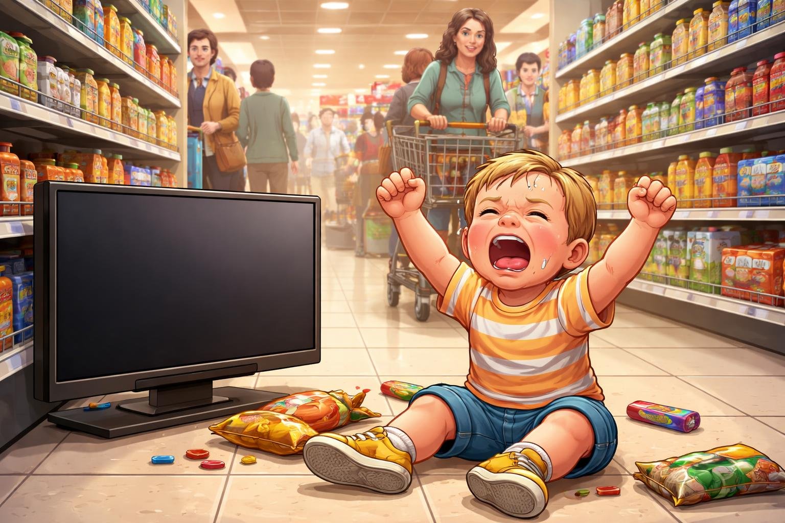 Un niño sentado en el suelo del supermercado llorando y gritando, con una televisión apagada cerca y estantes con productos alrededor.
