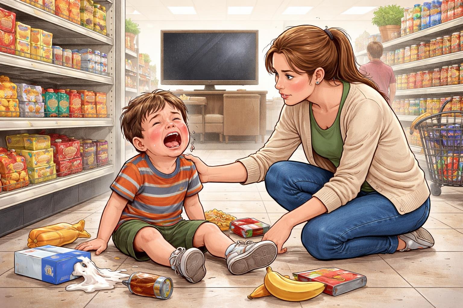Un niño pequeño llorando en el suelo de un supermercado mientras un padre intenta calmarlo.