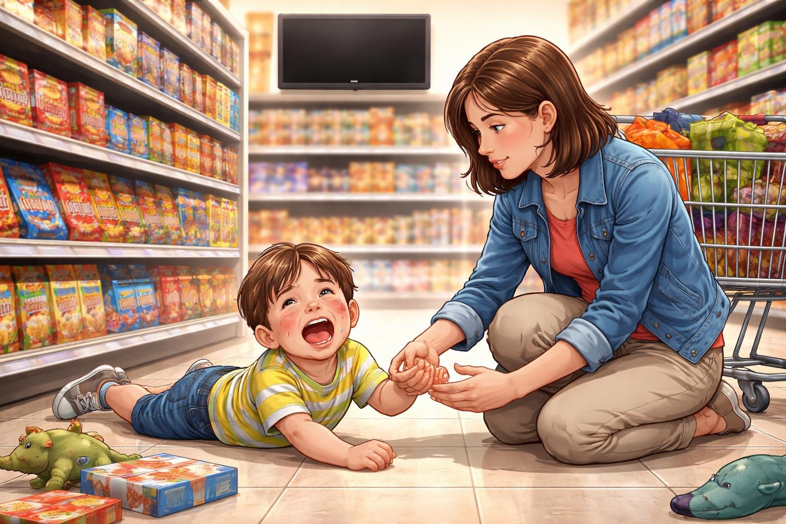 Un niño tirado en el suelo del supermercado llorando mientras un adulto lo consuela con calma y firmeza.