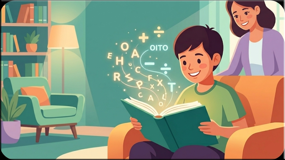 Ilustración de psicopedagogía, apoyo en dislexia y comprensión lectora en niños y adolescentes