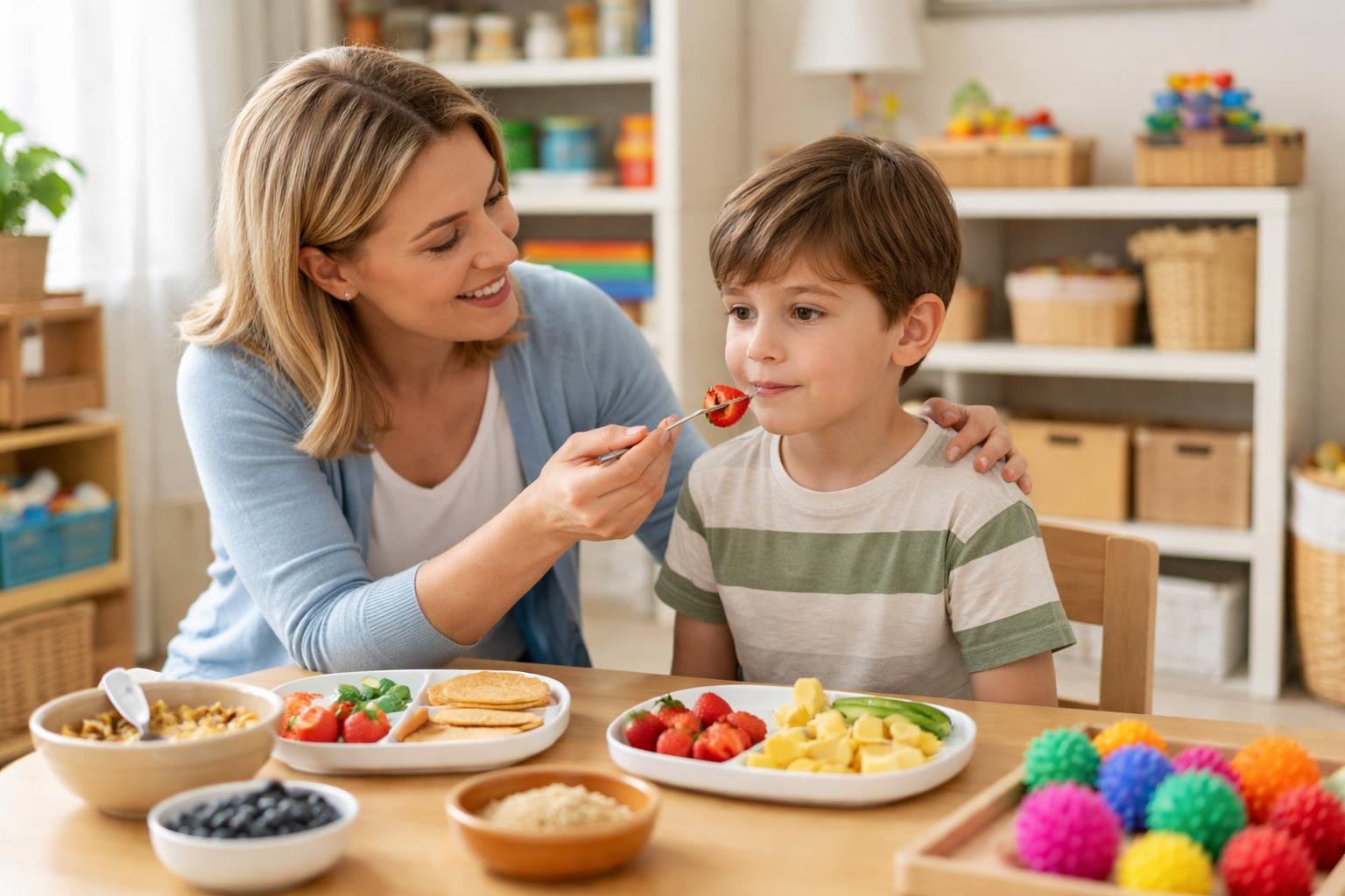 A child receiving support from an occupational therapist during a sensory-focused eating session in a therapy room.