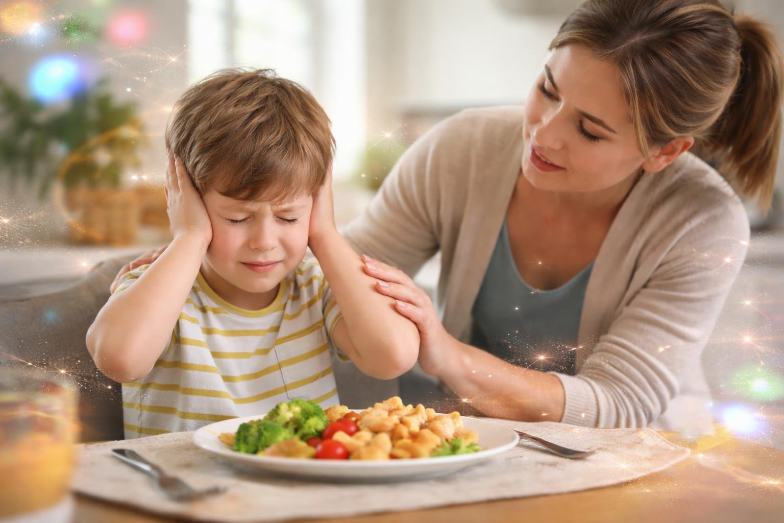 A young child at a dining table looking distressed while an adult gently supports them during mealtime.