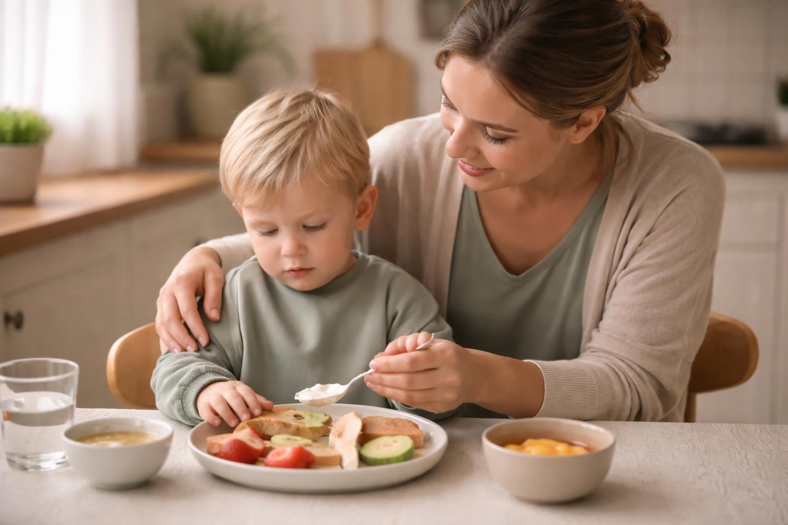 A parent gently helping a young child eat in a calm kitchen setting, showing support during mealtime.