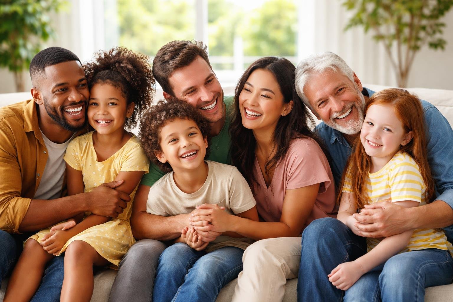 Familia diversa en un ambiente hogareño, con padres e hijos interactuando de manera cariñosa y atenta.