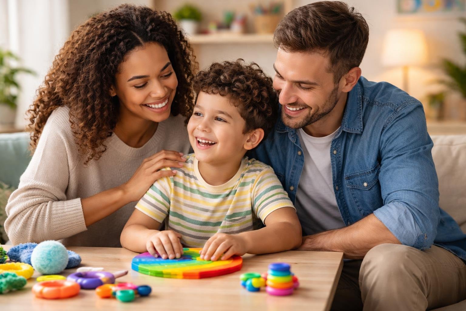 Una familia con un niño con autismo compartiendo un momento de alegría y apoyo en un ambiente acogedor.