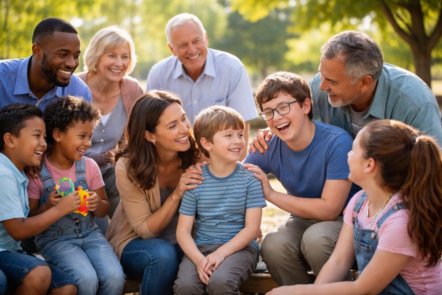 Un grupo diverso de personas en un parque, incluyendo padres y niños, interactuando de manera solidaria y amigable.
