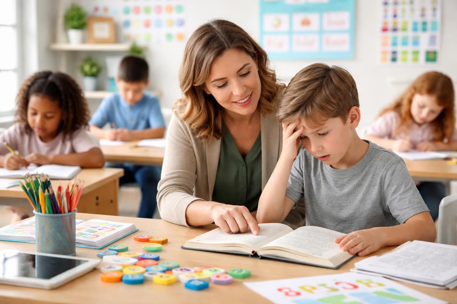 Una educadora ayuda a un niño con dificultades de lectura en un aula con otros niños y materiales educativos.