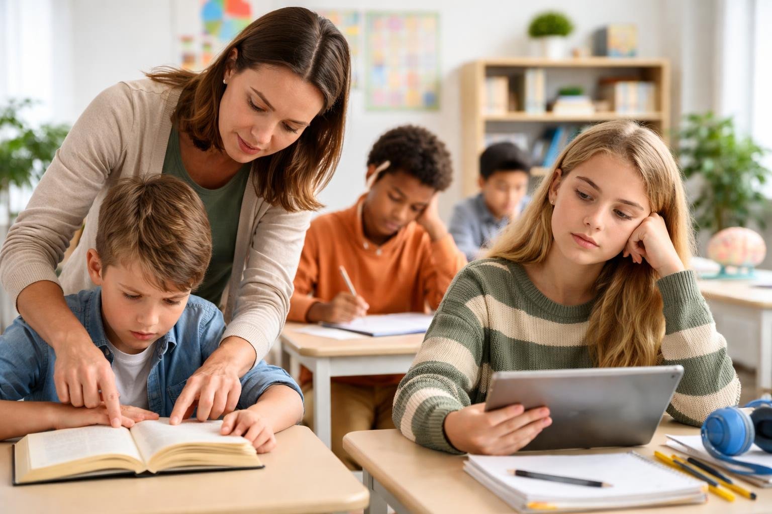 Niños y adolescentes en un aula moderna, algunos mostrando dificultades para aprender mientras reciben apoyo de un docente.