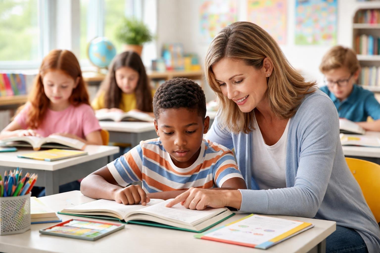 Niños y adolescentes leyendo en un aula con la ayuda de un adulto, mostrando un ambiente de apoyo y aprendizaje.