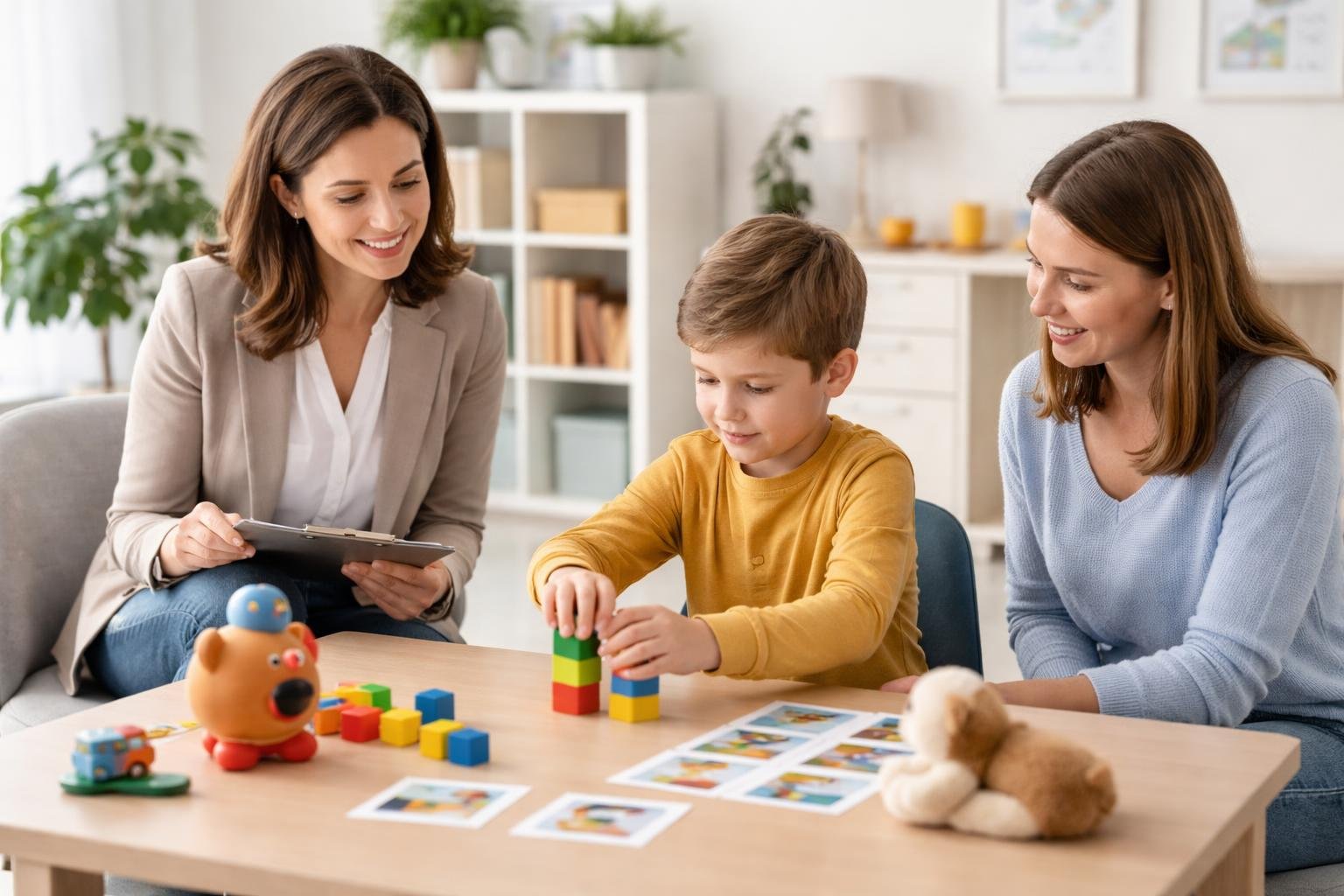 Un psicólogo realizando una evaluación diagnóstica de autismo con un niño en una sala de terapia moderna y bien iluminada.