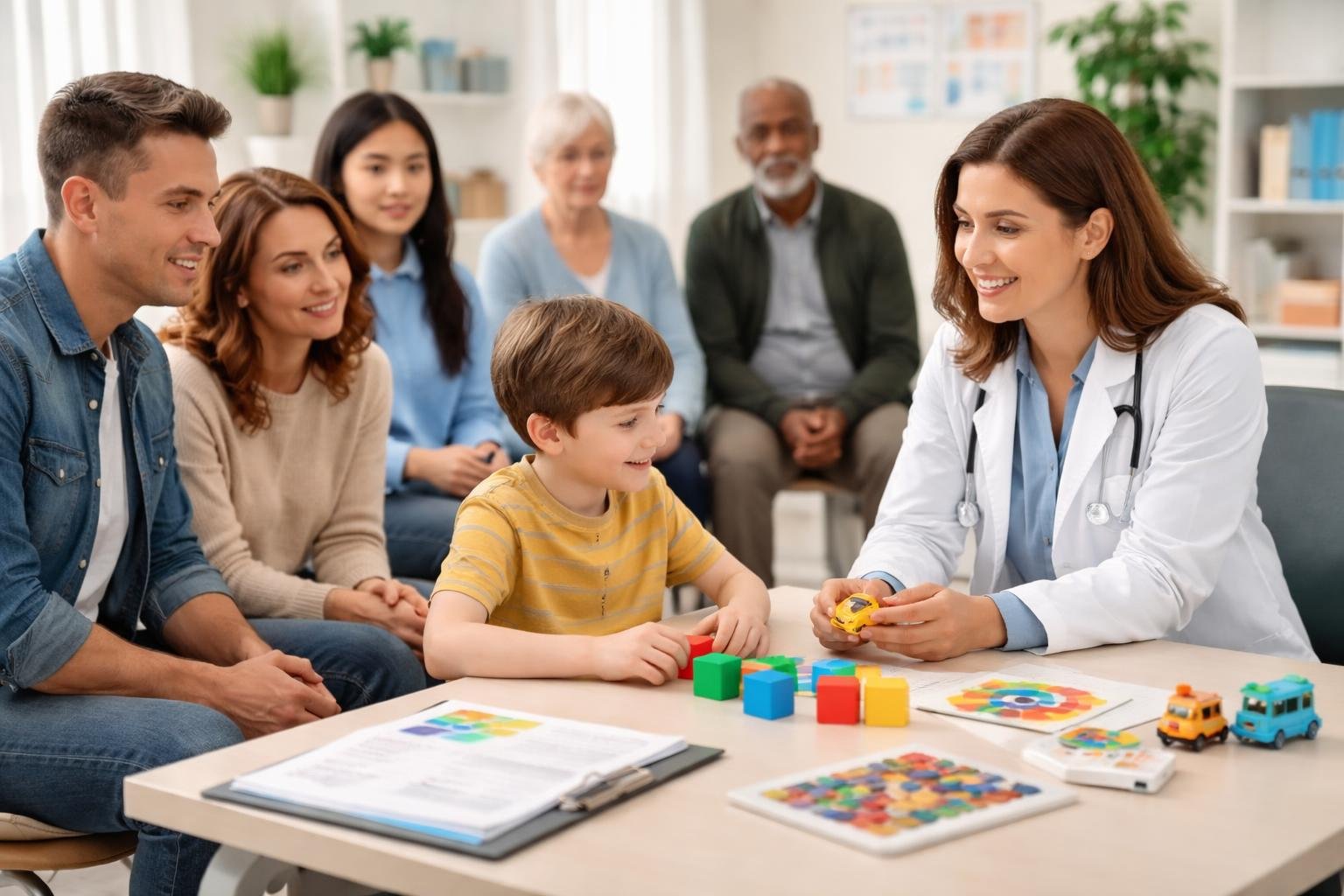 Profesional de la salud realizando una evaluación con personas de diferentes edades en un consultorio médico.
