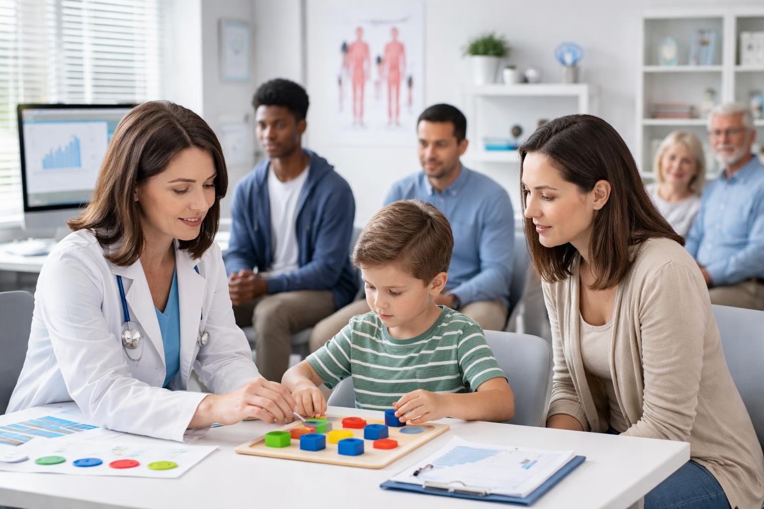 Profesional evaluando a personas de diferentes edades en un consultorio médico para diagnóstico de autismo.
