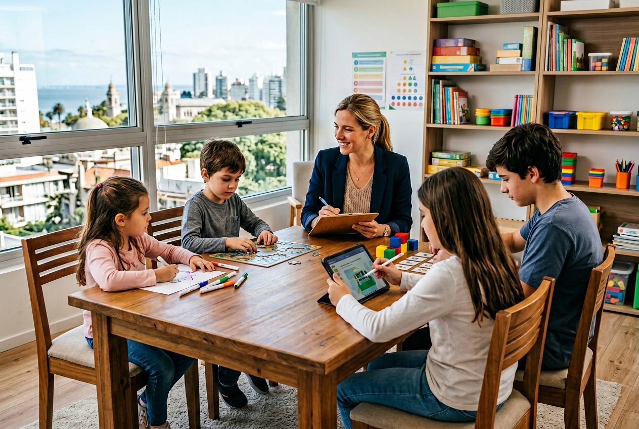 Una psicóloga interactúa con niños y adolescentes en una oficina luminosa realizando una evaluación psicopedagógica.