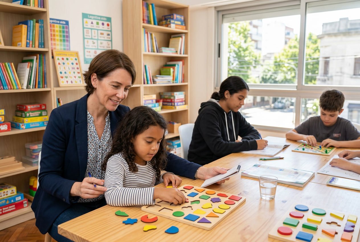 Una psicopedagoga atiende a niños y adolescentes en una oficina luminosa mientras realizan actividades educativas.