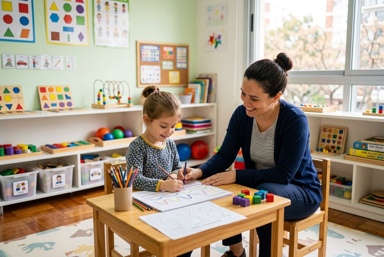 Niño y terapeuta trabajando juntos en actividades de motricidad fina en una sala de terapia iluminada y acogedora.