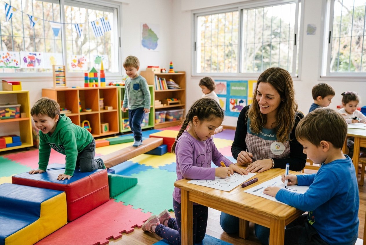 Niños pequeños jugando y aprendiendo en un aula con juguetes y materiales para desarrollar habilidades motoras bajo la supervisión de un adulto.
