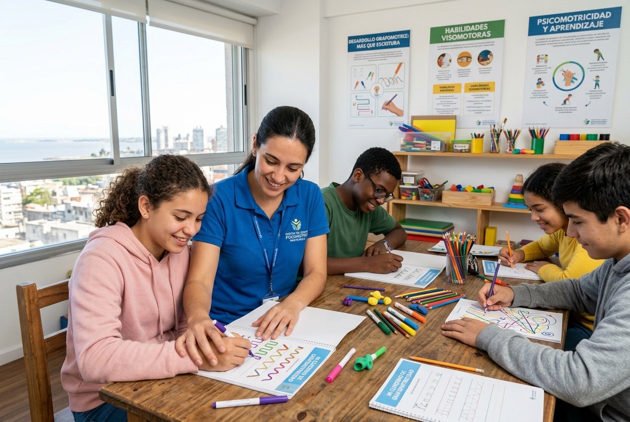 Adolescentes en un aula participando en actividades de grafomotricidad con la guía de un terapeuta.