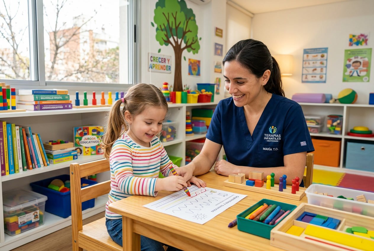 Especialista femenina trabajando con un niño en actividades de psicomotricidad y grafomotricidad en una sala de terapia luminosa y moderna.