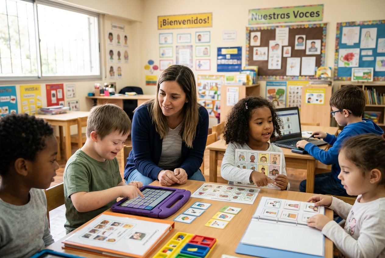 Niños en una aula de Montevideo usando dispositivos y materiales de comunicación aumentativa y alternativa, con una maestra que los guía.