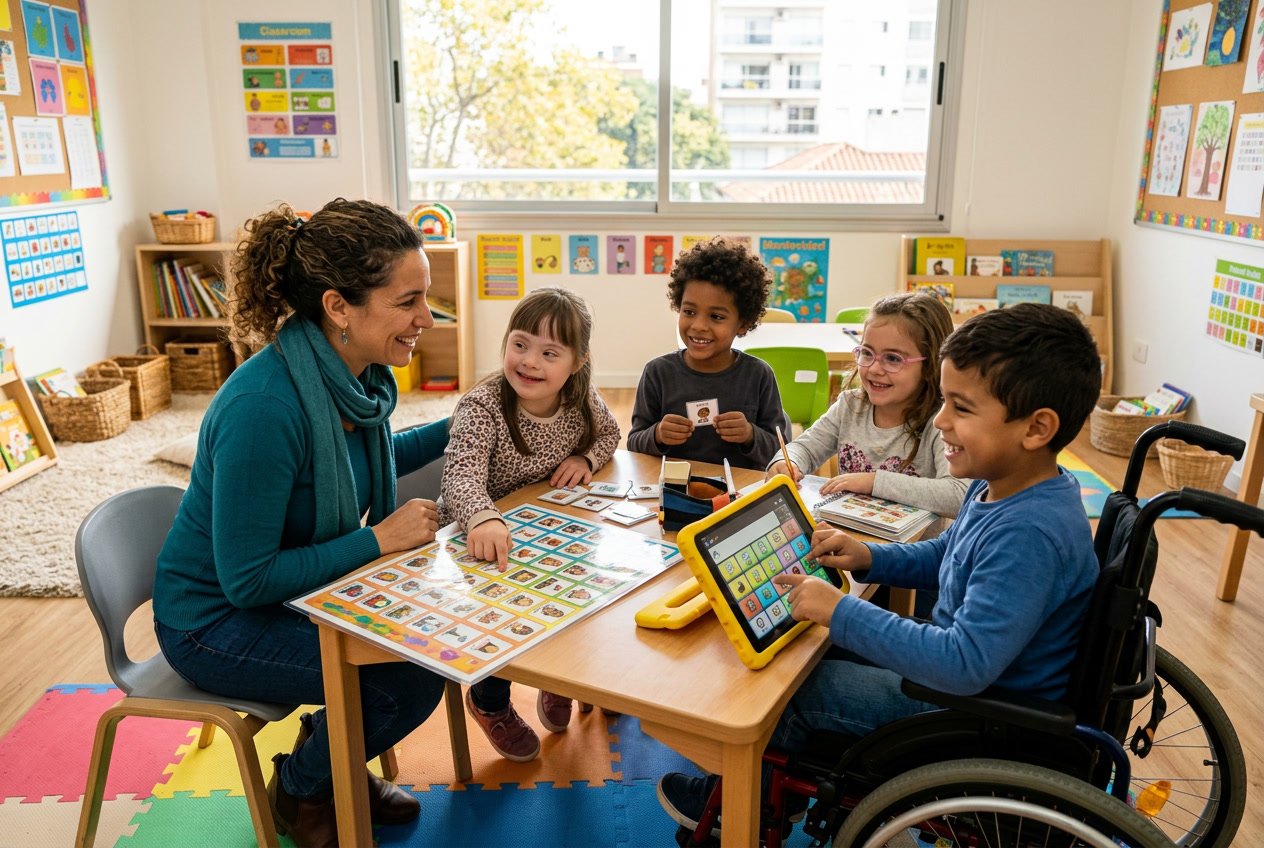 Niños y una maestra en un aula usando herramientas de comunicación aumentativa y alternativa para aprender juntos.