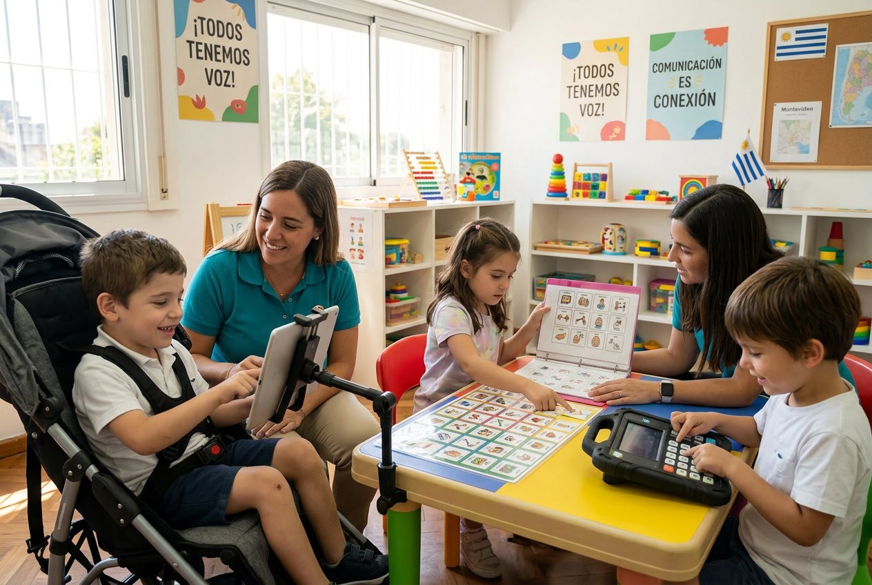 Niños y terapeutas interactuando en una sala de terapia con dispositivos y materiales de comunicación aumentativa y alternativa.